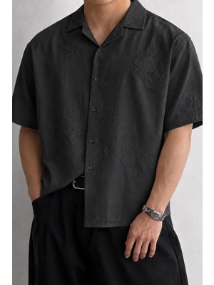 Tarz Cool Erkek Nakış Detaylı Oversize Gömlek Kısa Kollu Yazlık Rahat Kalıp Vintage Gömlek