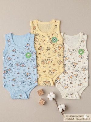 GezegenX 3"lü Renkli Bebek Body Zıbın Mavi Beyaz Sarı