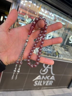 Gümüş Işlemeli Ateş Kehribar Tesbih ( Usta Işi)