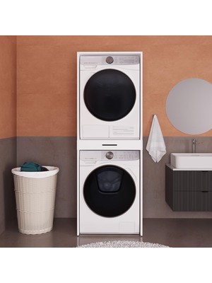 Bimossa Linora Y0140 Çamaşır ve Kurutma Makinesi Dolabı Beyaz Çekmeceli Banyo Dolabı Makina Düzenleyici Raf