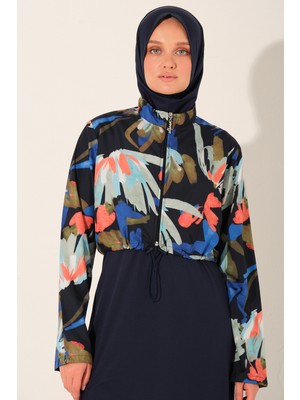 Alfasa Desenli Crop Görünümlü Tam Kapalı Tesettür Mayo 26252-26 Lacivert