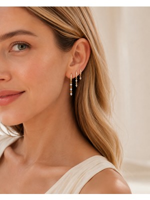 Sacce Scarves & Accessories 3'lü Küpe Seti Beyaz Zirkon Taş Sallantılı Minimal Halka Küpe Seti