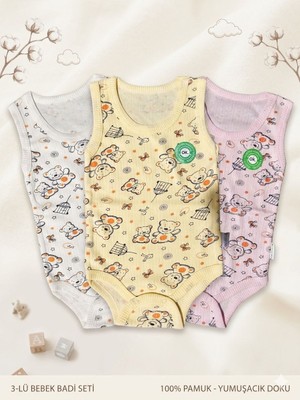 GezegenX 3"lü Renkli Desenli Body Bebek Zıbın Pembe Beyaz Sarı
