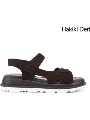 Gönderi(r) Kadın Kahve Süet  Cırt Bantlı Hakiki Deri Sandalet