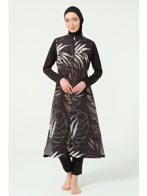 Alfasa Gold Desenli Uzun Kimono Detaylı Tesettür Mayo 25535-26 - Siyah