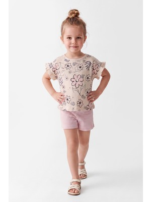 Joy Kids Kız Çocuk Oversize Kalıp Kolları Fırfırlı Penye Günlük Takım (2-5yaş) (Bej-Pembe)