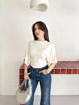 Esila Moda Kadın Beyaz Yarasa Kol Bluz