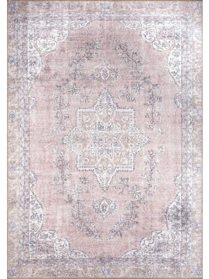 Pera Halı Pudra Pembe ve Gri Eskitme Medalyonlu Vintage Halı - AL91OU