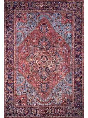 Pera Halı Açık Lacivert ve Kırmızı Medalyonlu Vintage Halı - AL162OU