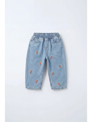 Magu Unisex Çocuk Pamuklu Balon Nakışlı Oversize Kot Pantolon