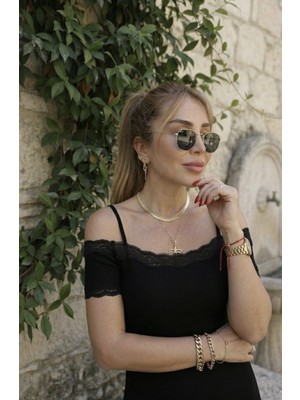 Qimya Butik Buketli Kadın Madonna Yaka Askılı Yaka Ucu Dantelli A-Form Penye Uzun Elbise