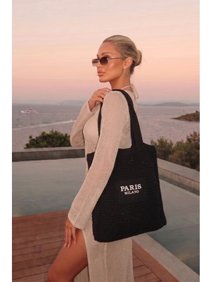 Bahels Kadın Siyah Milano Nakış File Örgü Model Plaj, Shopper Tote Çanta