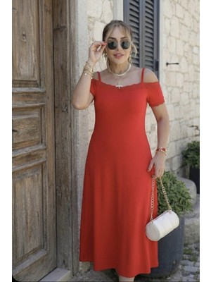 Qimya Butik Buketli Kadın Madonna Yaka Askılı Yaka Ucu Dantelli A-Form Penye Uzun Elbise