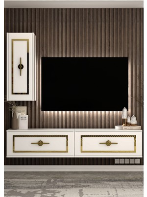 Demonte Decor TV1413DD-TRİD87-32 Tv Sehpası,ünitesi Beyaz-Altın