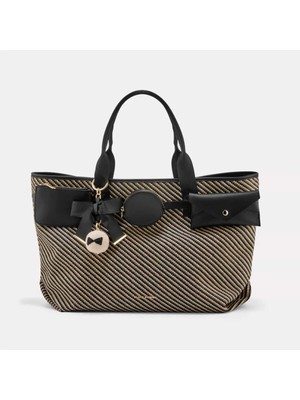 Black Ribbon Vera Büyük Boy Kadın Omuz Çantası - Maxi Tote Bag Siyah Çizgili