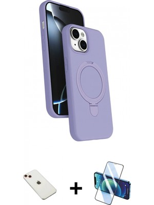 Marsilyan™- iPhone 14 Kılıf Iz Işık Koleksiyonu - Siyah 3D Antistatik Cam Ekran Koruyucu + Diamond Kamera Lens - Kı