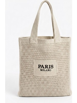 Bahels Kadın Bej Milano Nakış File Örgü Model Plaj, Shopper Tote Çanta