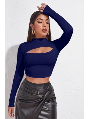 sbodurhome Ieg™ Kadın Lacivert Göğüs Dekolteli Uzun Kollu Cut Out Crop Top Bluz