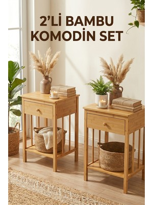 Robin Home Doğal Bambu Tek Çekmeceli Raflı 2'li Komodin Seti Yan Sehpa