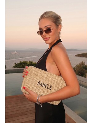 Kadın Bahels Nakışlı Hasır Portföy Clutch Çanta