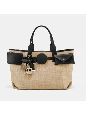 Black Ribbon Vera Büyük Boy Kadın Omuz Çantası - Maxi Tote Bag Hasır