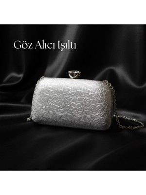 Dilorans Dilora Kadın Dokulu Abiye Çanta Clutch Portföy Zincir Askılı Kristal Taş Kilitli Düğün Nişan Gece Davet Çantası