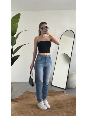 Asfa Moda Kadın Açık Mavi Yüksek Bel Mom Jean Pantolon Rahat Kalıp Günlük Denim