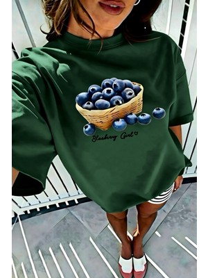 Oksit Blueberry Girl Tasarım Baskılı Pamuklu Oversize Kadın T-Shirt