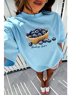 Oksit Blueberry Girl Tasarım Baskılı Pamuklu Oversize Kadın T-Shirt