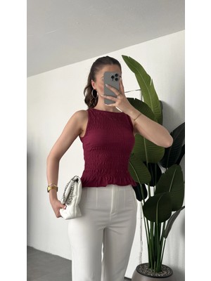 Asfa Moda Kadın Bordo Gipeli Kolsuz Bluz Bisiklet Yaka Esnek Fit Yazlık Crop Bluz