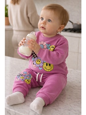 Baby Lory Kids Store Kız Çocuk (Bebek) Gülen Yüz Çiçek Desenli 3 Iplik Şardonlu Takım