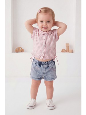 Joy Kids Kız Bebek Kot Şortlu Gömlekli Lüx Takım (9-24AY) (Pembe)