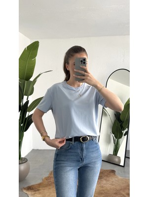 Asfa Moda Kadn Bebe Mavisi Bisiklet Yaka Kısa Kollu Full Likralı Esnek Bluz Body