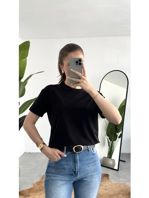 Asfa Moda Kadn Siyah Bisiklet Yaka Kısa Kollu Full Likralı Esnek Bluz Body