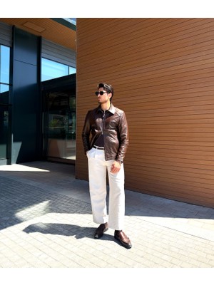 Ce-Yıl Deri Ürünleri Erkek Deri Ceket Astarlı Kahverengi Casual Stil