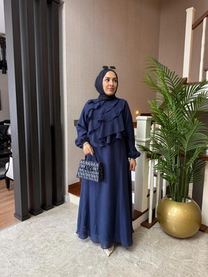 Esra Butik Şık Tasarım Lacivert Volan Detaylı Uzun Elbise