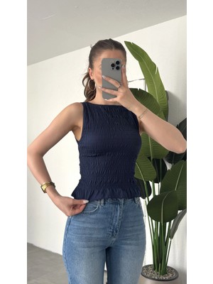 Asfa Moda Kadın Lacivert Gipeli Kolsuz Bluz Bisiklet Yaka Esnek Fit Yazlık Crop Bluz