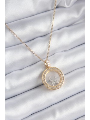 Mey İthalat Mey Ithalat® 316L Çelik Gold Renk Zirkon Taş Detay Ay Yıldız Fanus Model Kadın Kolye