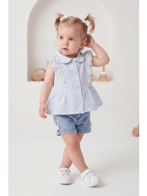 Joy Kids Kız Bebek Çizgili Gömlek Kot Şort Delüx Takım (9-24AY) (Mavi)