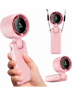 Yussraw Taşınabilir Dijital Göstergeli Vantilatör  Ayalanabilir 5 Kademeli 3600 Mah Katlanabilir Askı Ipli Mini El Fanı