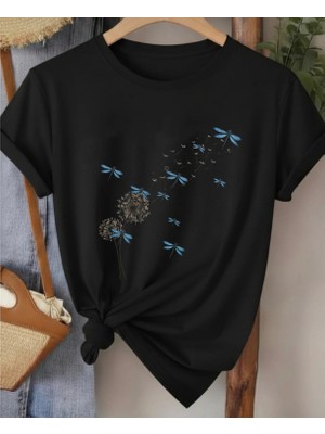 Nigrum Pardus Nıgrum Pardus Yeni Sezon Uçuşan Yusufçuklar Baskılı %100 Pamuk Büyük Beden Kadın T-Shirt