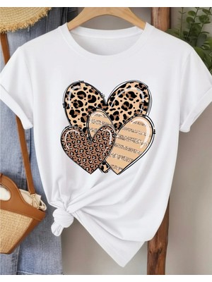 Nigrum Pardus Nıgrum Pardus Yeni Sezon Üç Leopar Kalp Baskılı %100 Pamuk Büyük Beden Kadın T-Shirt