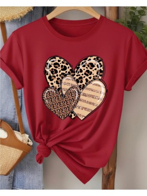 Nigrum Pardus Nıgrum Pardus Yeni Sezon Üç Leopar Kalp Baskılı %100 Pamuk Büyük Beden Kadın T-Shirt