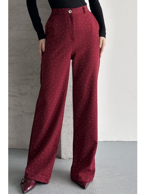 Moda Armanc Kadın Taşlı Yüksek Bel Siyah Palazzo Pantolon Geniş Paça Kumaş Pantolon