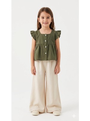 HaanBebe Kız Çocuk Pure Linen Doğal Keten Takım - Fırfırlı Peplum Bluz ve Geniş Paça Pantolon Seti