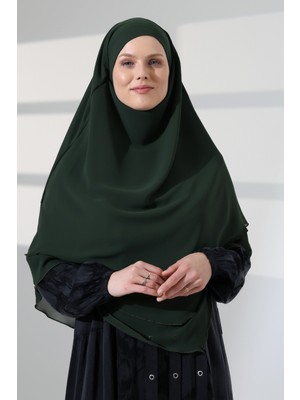 İhvan Online Tesettür Şifon Peçeli Üç Katlı Kısa Sufle Khimar, Pratik Hijab Şal Üçgen Kesim - Haki Yeşil