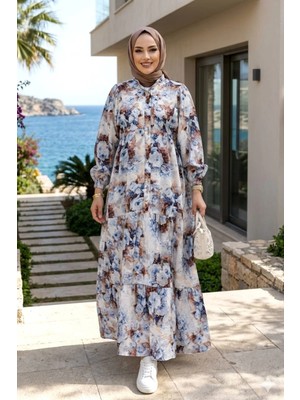 Harma Time Butik Kadın Düğmeli Çiçek Desenli Beyaz Modal Elbise