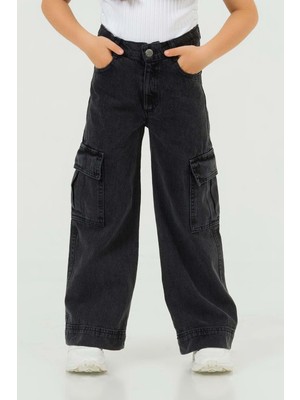 Waka Waka Kids Store Büyük Cepli Geniş Paça Açık Mavi Kız Çocuk Cargo Kot Pantolon (4-14 Yaş )Arası