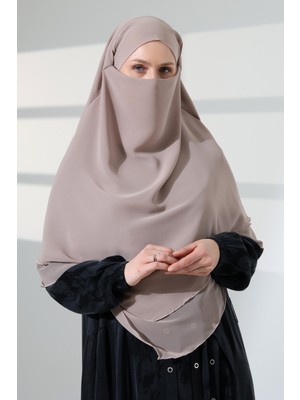 İhvan Online Tesettür Şifon Peçeli Üç Katlı Kısa Sufle Khimar, Pratik Hijab Şal Üçgen Kesim - Bej