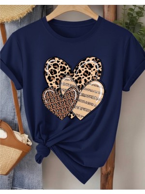 Nigrum Pardus Nıgrum Pardus Yeni Sezon Üç Leopar Kalp Baskılı %100 Pamuk Büyük Beden Kadın T-Shirt